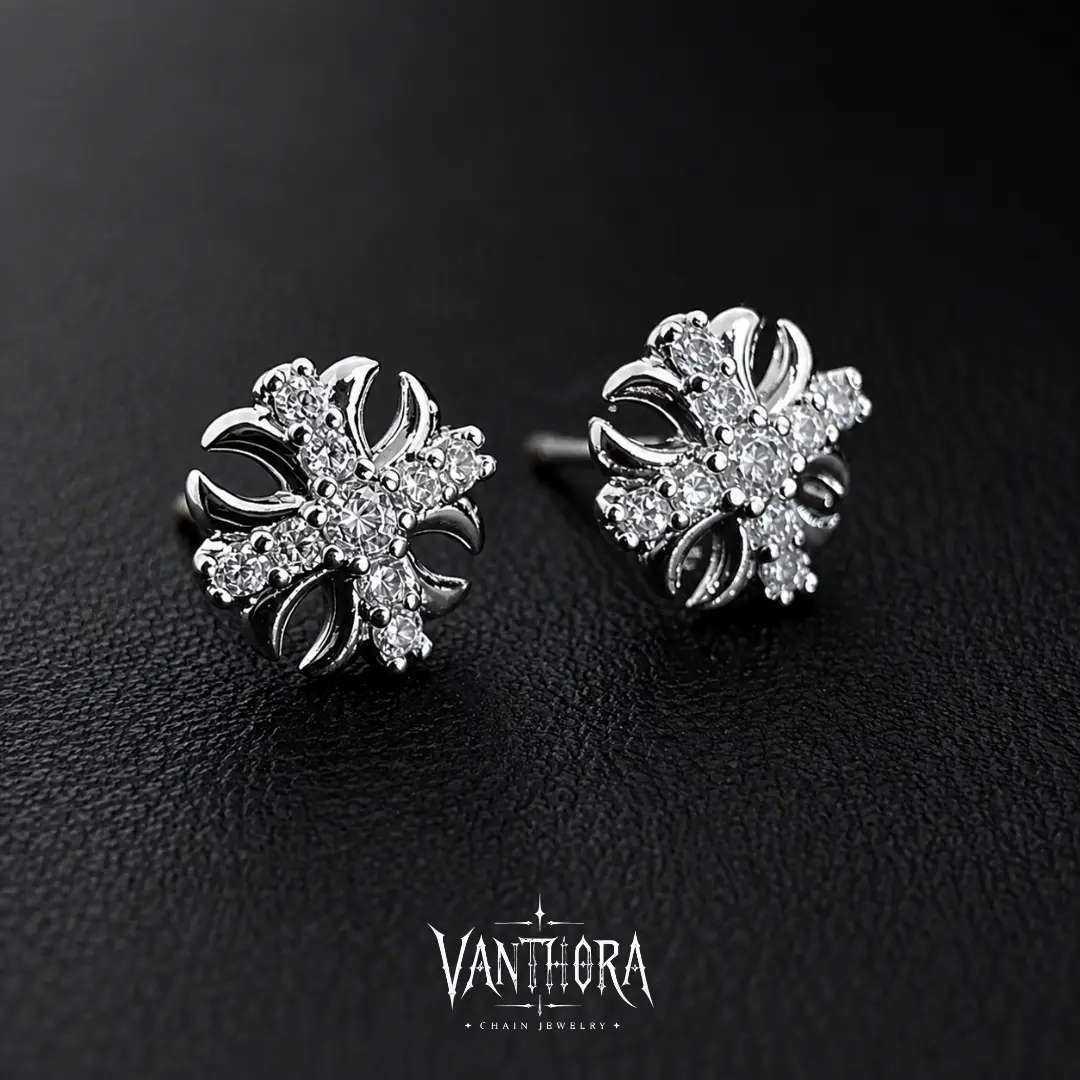 Full CZ Cross Stud Earrings, Fleur-de-Lis Design for Men and Women, Hypoallergenic 316L Surgical Stainless Steel, Small Cartilage Studs for Sensitive Ears, Punk Hip Hop Y2K Gothic Ear Stack Jewelry for Everyday Wear, Parties and Concerts