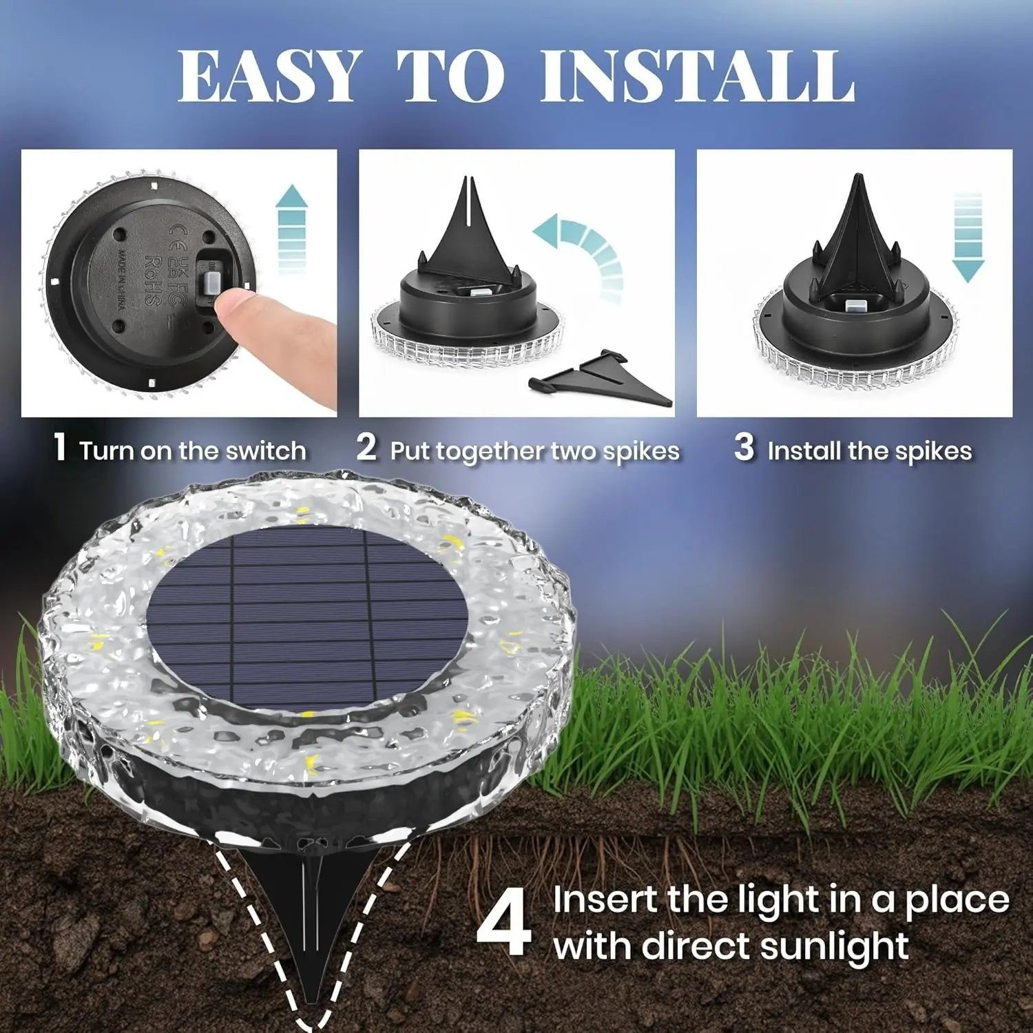 Three-step stake installation for solar ground lights