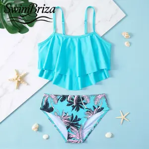 Briza｜Girls Tankini Swimsuit Set Two Piece Aqua Palm Print Ruffle Bathing Suit Smooth Stretch Beach Swimwear Summer Vacation Pool Resort Kids 2 Piece Tankini Swimsuits, Girls Swimwear, Kids Bathing Suit, Bikini Set, Two Piece Bathing Suit