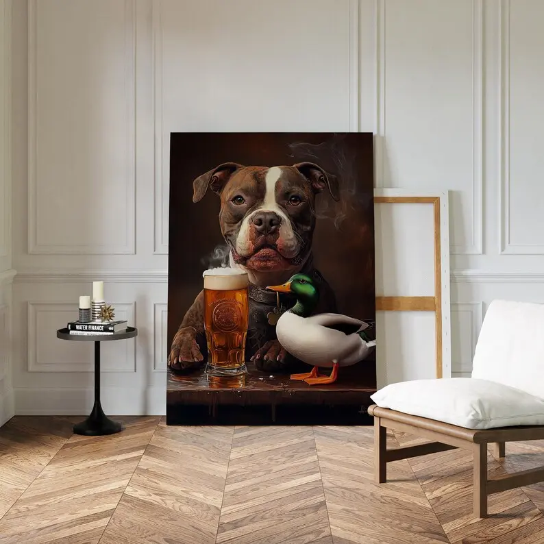 Staffordshire Terrier Wall Art, Staffordshire Terrier with Mallard Poster, Farmhouse Living Room Wall Art, Staffordshire Bull Terrier Poster