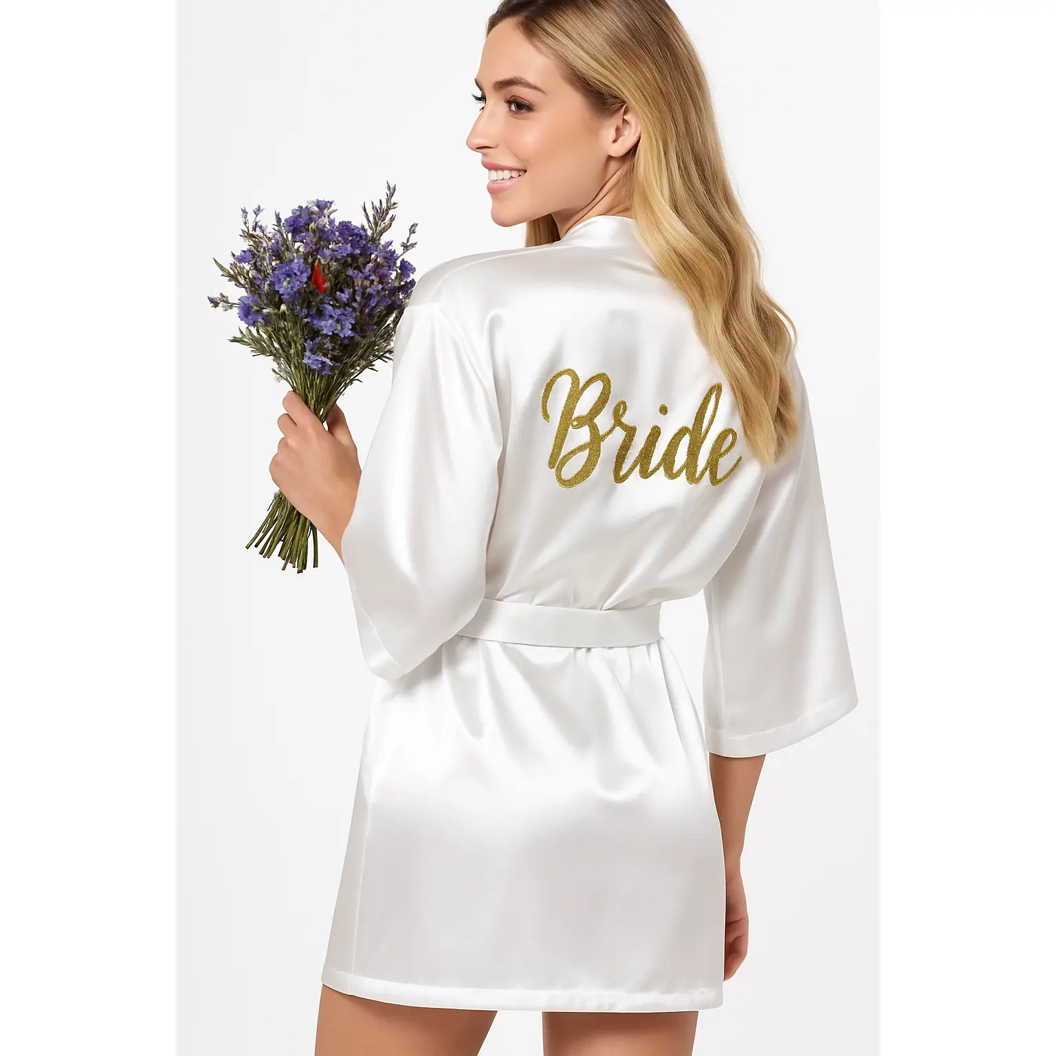 Elegant Bride Satin Robe with Gold Glitter Lettering Elegant Bride Satin Robe with Gold Glitter Lettering