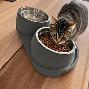 Stainless Steel Double Pet Bowl for Dogs and Cats, Feeding, Non-Slip Base, Slanted Neck Design for Easy Eating and Drinking, Prevents Food Spillage, Easy to Clean