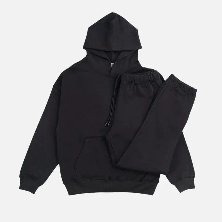 French Terry Set Jet Black Unisex Hoodie & Joggers 410 GSM Heavyweight 100% Cotton Oversized Fit with Kangaroo Pocket & Elastic Ankle Cuffs