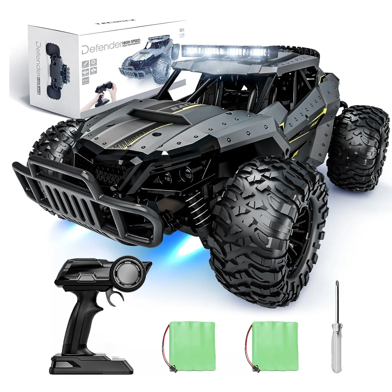 Tecnock 1/16 Scale Remote Controlled Car - 20 Km/h High Speed, 2 Rechargeable Lithium Ion Batteries, Head & Chassis Lights, Wireless Controller, Kids' Learning Toy for Birthdays, RC Cars Kit