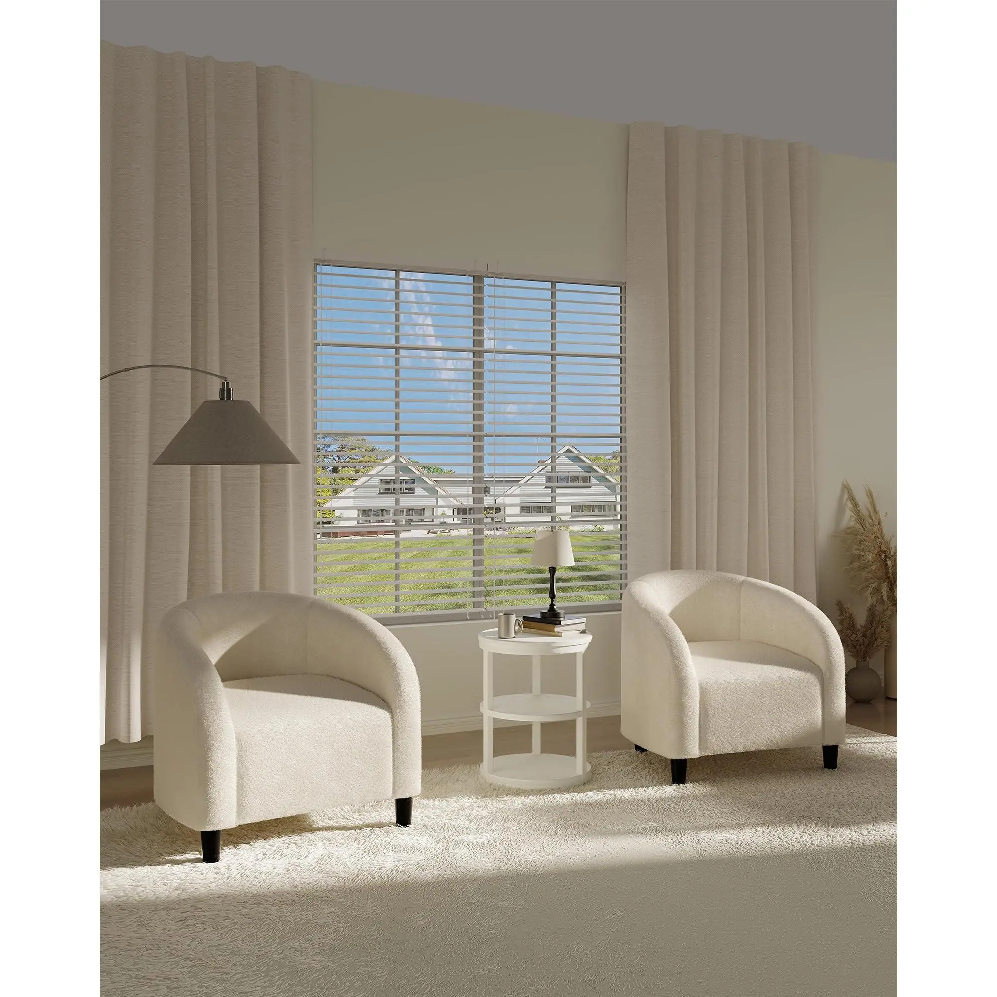 Accent Chair for Bedroom Barrel Boucle Chair Set of 2 Club Chair Sherpa Armchair Suitable for Living Room Reading Room(White)