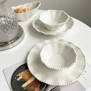 Pearl-Edged Ceramic Bowls White Polygonal Ingot-Shaped  Ideal for Breakfast Soup Desserts Modern Aesthetic Home Use