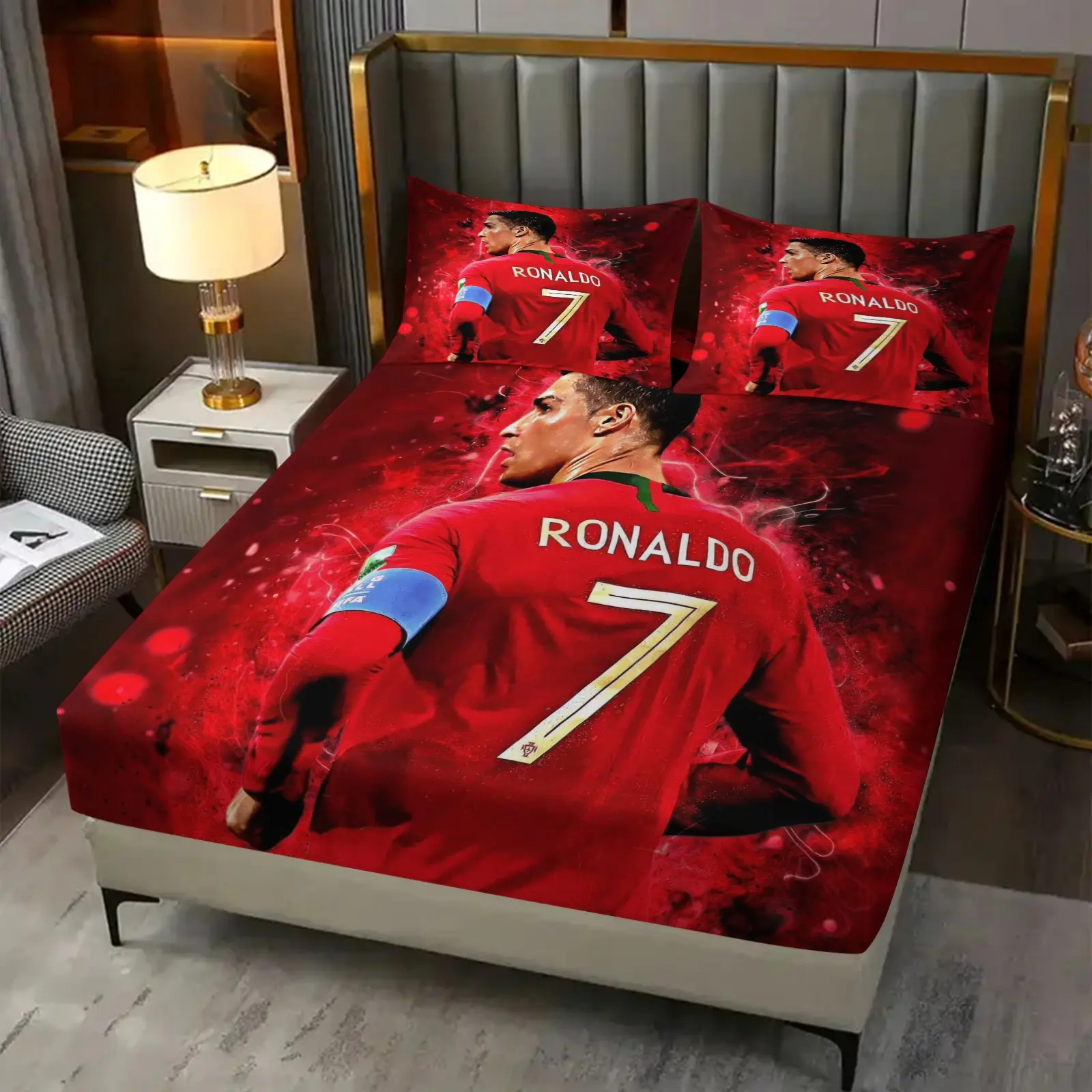 Cristiano Ronaldo Themed Print 3-Piece Fitted Sheet Set, Printed Bedding Set, With 2 Pillowcases, Personalized Gift Highlighting Football Culture & Sports Atmosphere, Soft, Comfortable, Durable, Strong Wrapping, Soft Bedding Sets