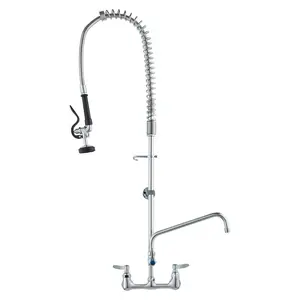 VEVOR Industrial Sink Faucet, 44" Tall, 8" Apart, 12" Rotating Spout, Wall Mounted, Brass Made with Extendable Sprayer, Fits Single/Triple Sinks