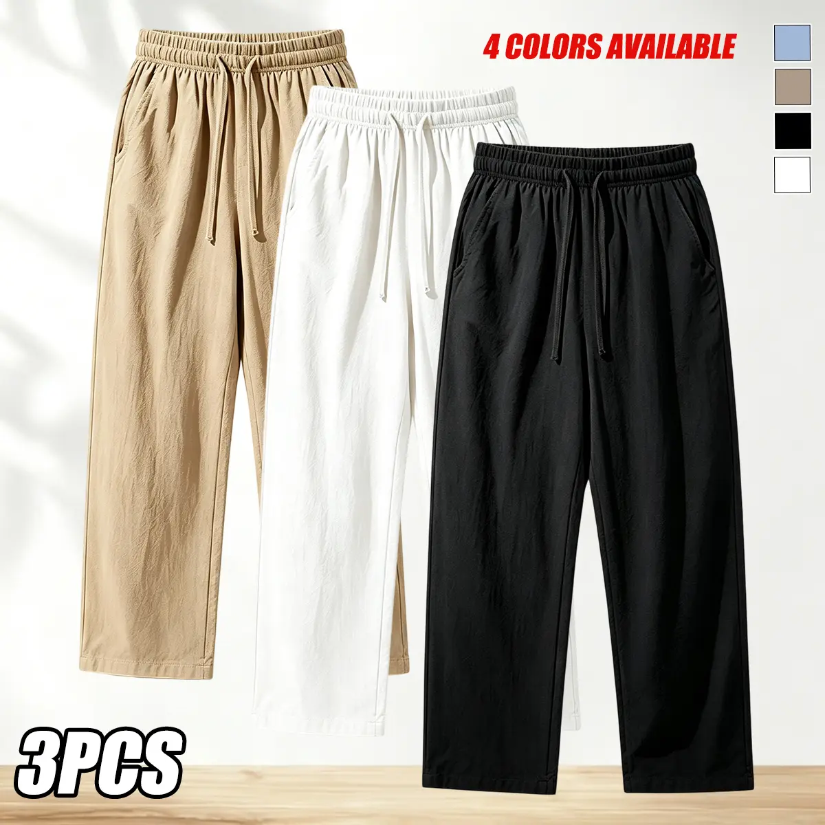 Men’s 3-Pack Comfy Stretchy Waist Baggy Plain Polyester Casual Pants - Loose Wide Straight-Leg, Lightweight, Breathable, Drawstring Design, Versatile for Summer Beach Vacations & Everyday Menswear, Adjustable Drawcord