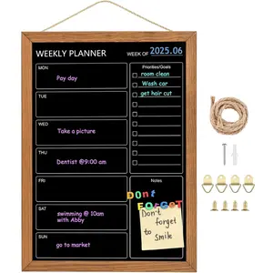Calendar Weekly Chalkboard, Magnetic Surface Rustic Brown Solid Pine Wood Frame Black Board for Office, School and Home