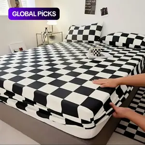 Bedding Set 3-Piece Classic Plaid Print Fitted Sheet Set (includes Pillowcase, No Fill) Bed Sheets Set, Washable Polyester Fabric, Modern Home Decor Gift For Christmas, New Year and Valentine's Day