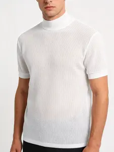 Men's Solid High Neck Knit Water Ripple Short Sleeve Knitted T-Shirt, Stylish Casual Menswear Sport Top, Outdoor Travel and Daily Essential