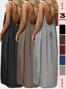 Women's Backless Strapless Dress, Casual Sleeveless Long Sundress with Back Tie Design, Pure Color Home Wear