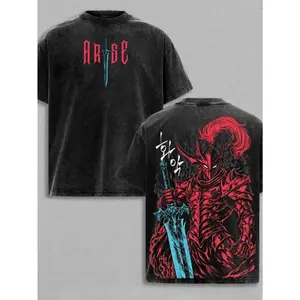 Retro Vintage Igris Solo Leveling Shadow Knight Commander Double Sided Graphic T Shirt Acid Washed Heavyweight Cotton Oversized Crewneck Unisex Streetwear Casual Daily Fashion Top Classic Anime Manga Inspired Loose Fit Tee Ideal Gift for Solo Leveling Fan