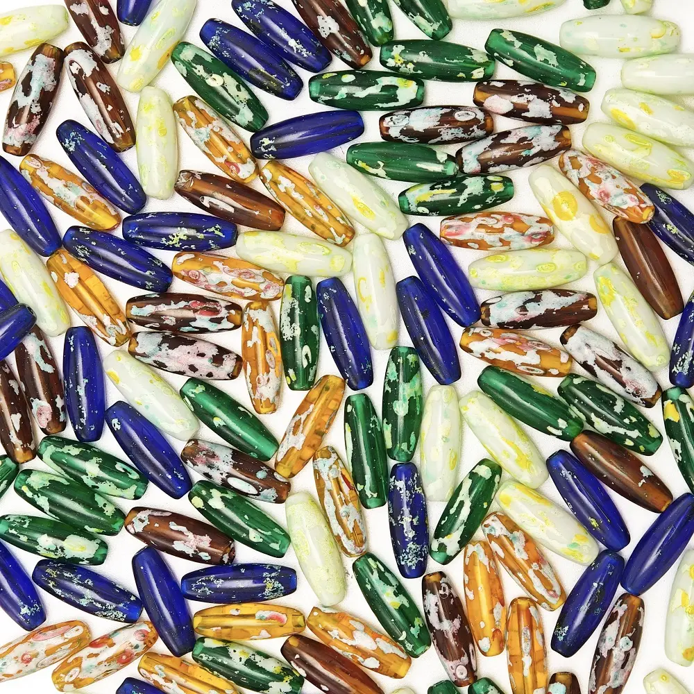 30g About 95Pcs Picasso Long Olive Glass Loose Hole Beads Mixed Color Random Shipment, For DIY Bracelet Necklace Bag Pendant Handmade Jewelry Production, Decorative Bead Accessories for Halloween Christmas Thanksgiving Holiday Handcrafts