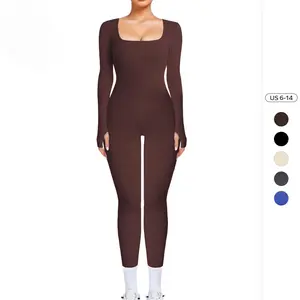 Workout Solid Color U Neck Seamless Long Sleeve Yoga Jumpsuit, Jumpsuit for Daily Outdoor Wear, Plain Thumb Holes Sportswear