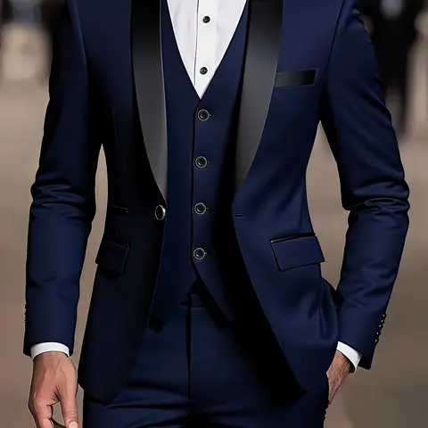 High-quality Men's Business Classic Tuxedo Suit, Blazer & Vest & Suit Pants Matching Set, Fashionable and Formal Wear for Work, Parties and Wedding, Male Professional 3-Piece Suit Workwear, Tailored Suit Set