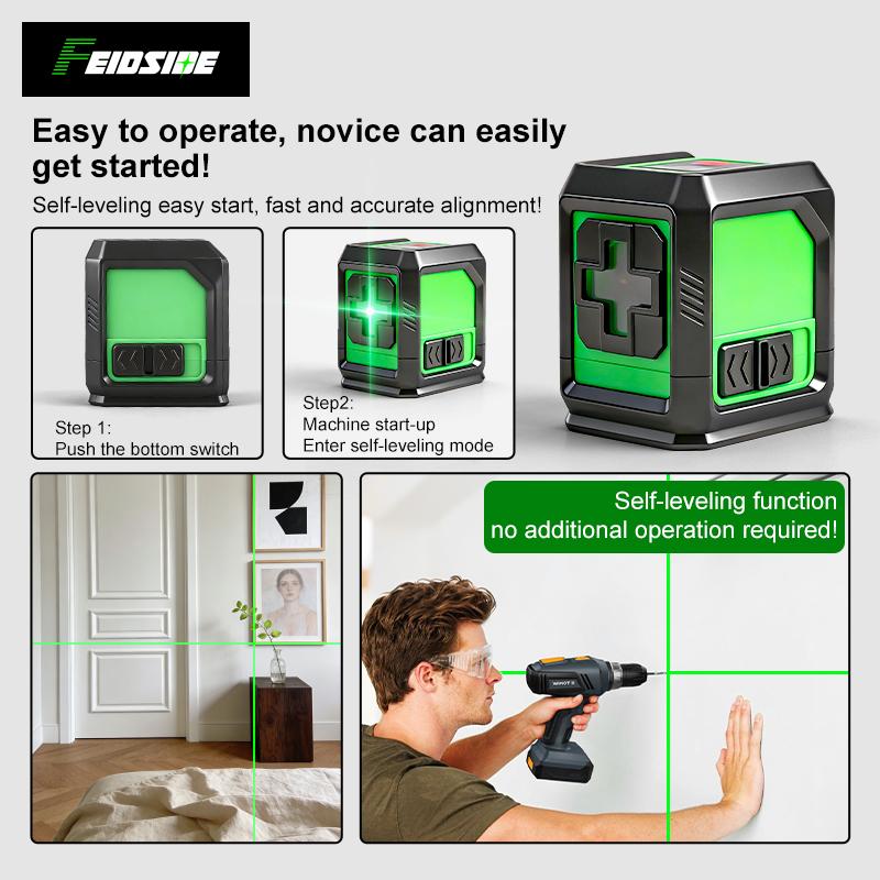 FEIDSIDE 2-line Laser Level Self Leveling Green Cross Line Self Level Laser Tool for Picture Hanging, Tile, Construction Indoor Project