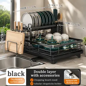 Large Double Tier Metal Cutlery Organizer for Kitchen Counter, Space Saver with Knife, Fork, Cup Holders & Draining Board, Rustproof Multi-Function Storage Rack