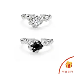 Molten Rock Clear & Black Stone Open Ring, Adjustable Statement Ring, Perfect Gift for Her