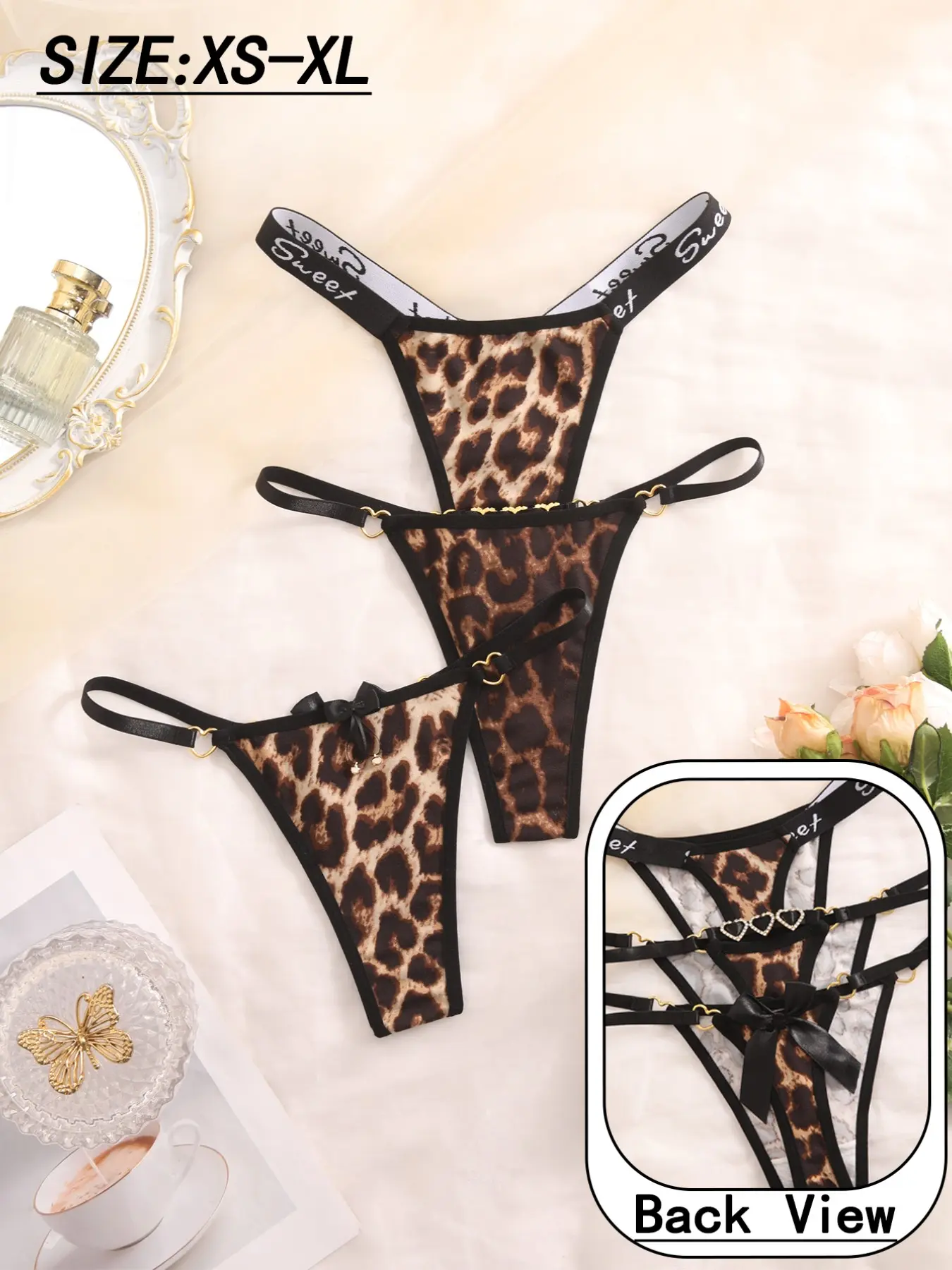 Women's Leopard Pattern Fitted Knicker Thongs Intimates Panties Lingerie Set, Bow + Bell Design, Heart Rhinestones Decorations, Breathable Comfort, XS-Xl Sizes Available, Stretchy Panties
