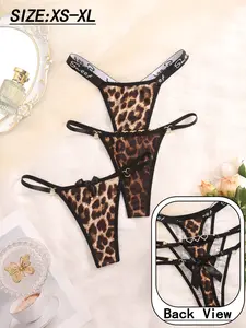 Women's Leopard Pattern Thongs Panties Lingerie Set, Bow + Bell Design, Heart Rhinestones Decorations, Breathable Comfort, XS-Xl Sizes Available, Stretchy Panties