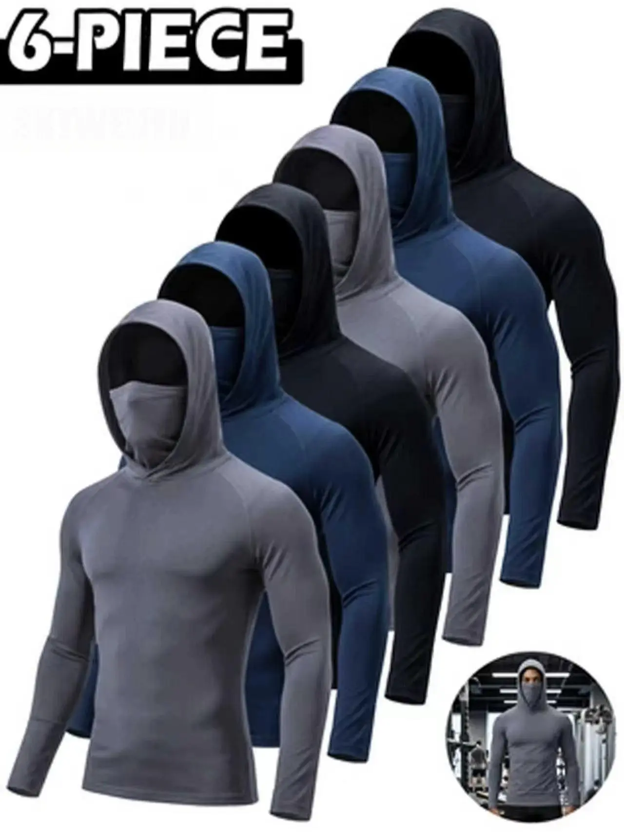 6/3-Piece Men's Casual Hoodie Pullovers with Built-in Face Mask for Fishing Cycling Gym Workout, Blue Black Gray Slim Fit Long Sleeve, Lightweight UPF Sun Protection, Soft Breathable, Versatile Machine Washable Multi-Occasion Stylish Menswear Tops Set