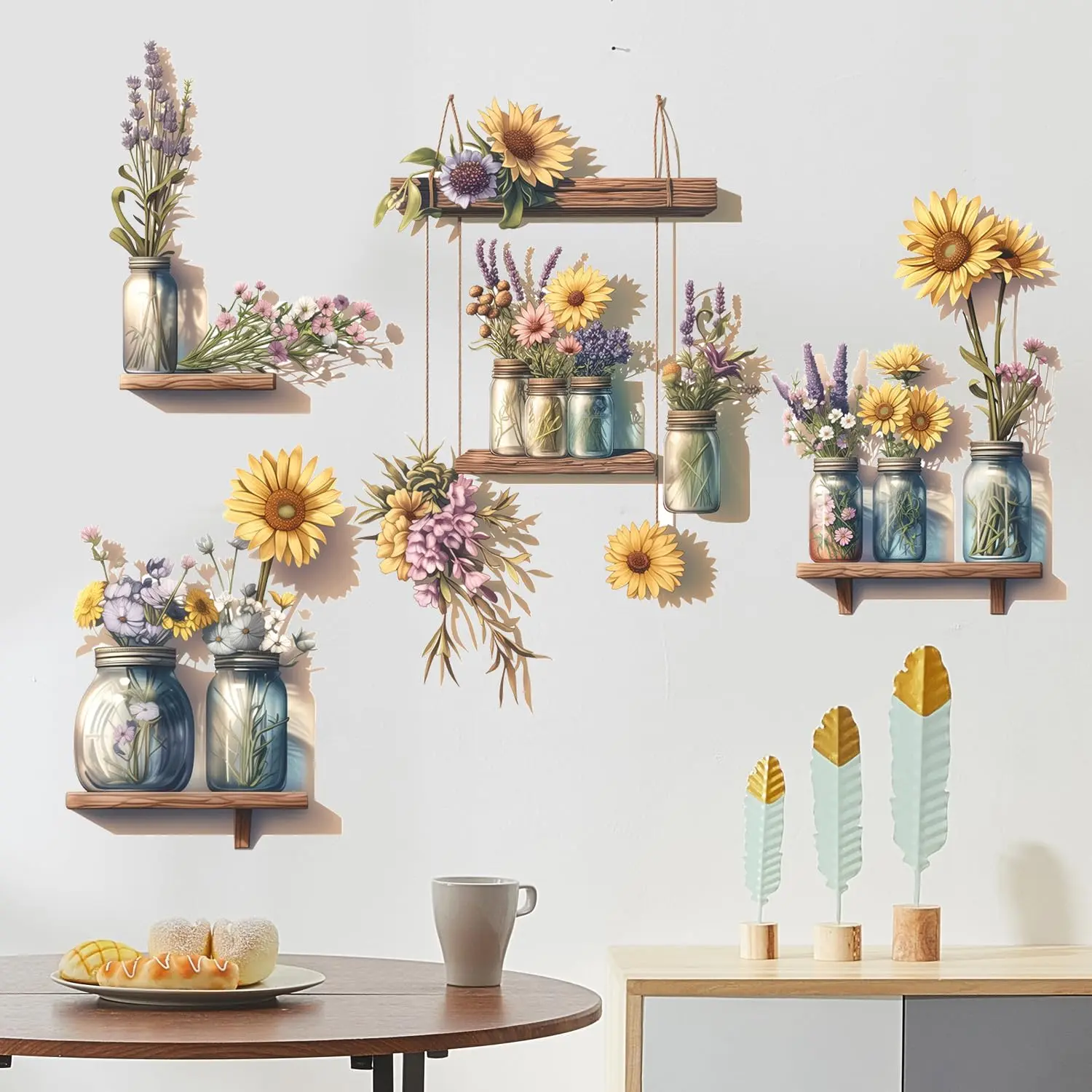 Sunflower Wall Decals 3D Flower Wall Stickers Potted  Floral Wall Decal Peel and Stick Flower Window Clings Vinyl Removable for Bedroom  Decoration