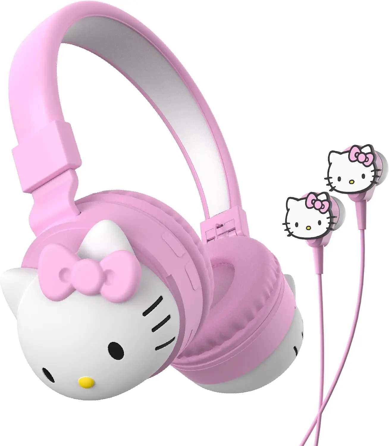Hello Kitty 2-in-1 Bluetooth-Wire Audio Electronic Headphones with Earbuds Bluetooth, Foldable Over-Ear Headset, Built-in Mic/Controls, AUX Cable, Adjustable Headband - Pink