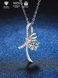 Valentine's Day S925 Sterling Silver Bowknot Design Synthetic Moissanite Necklace with Rose Gift Box, Light Luxury Style Pendant Necklace for Women, Trendy All-match & Exquisite Jewelry for Gift