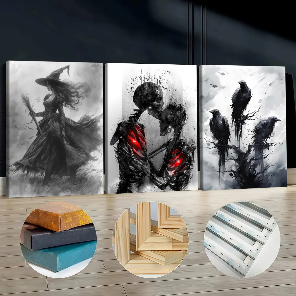 3Pcs Pine Wood-Framed Canvas Print Posters - Halloween Witch,Skeletons,Crows Artwork - Waterproof,Odorless Wall Art for Living Room,Bedroom - 30*40cm(11.8*15.7inch) Home Decor Ideal Gift, Kid Room