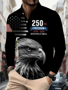 Printed Polo Shirt with Black-background Bald Eagle and Star-Spangled Banner Commemorative Pattern, celebrating the 250th Anniversary of the Founding of America, 3D digital printed Polo shirt, casual versatile sports men's Polo top, suitable for daily wea