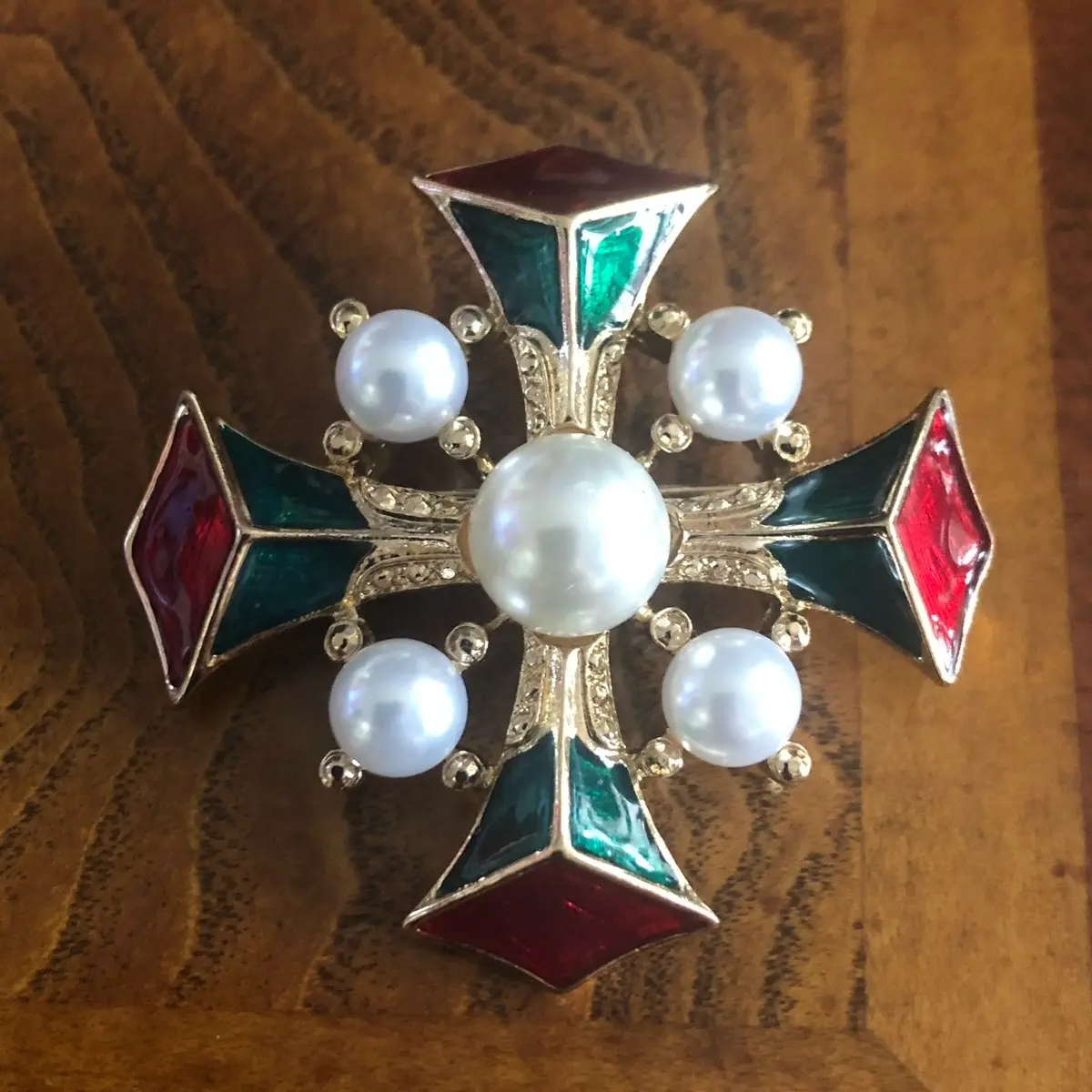 Trifari Enamel and Pearl Maltese Cross Brooch Pin for Women