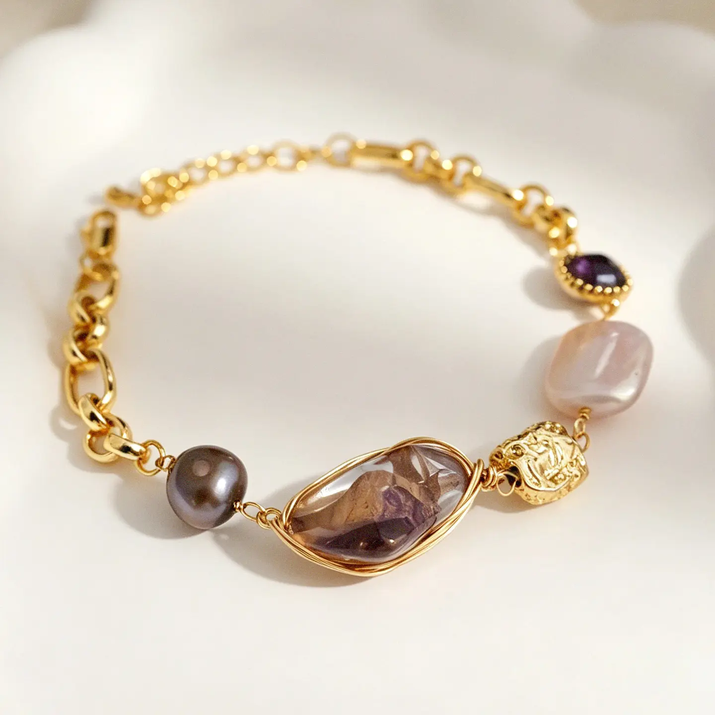 Vintage Chunky Gold Mixed Gemstone Bracelet | Adjustable Copper Alloy Baroque Pearl Chain | Artisanal Boho Statement Jewelry | French Retro Old Money Aesthetic