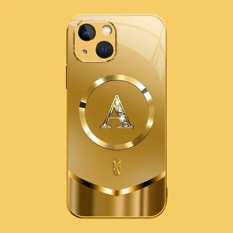 Suitable for [iPhone 15] high-end MagSafe phone case🥰，Luxury Gold 26 Initial phone Case Bling Monogram 952