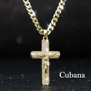 14K Real Gold Plated Cross Necklace for Men and Women, Advanced Nanotechnology Rust-Proof Cuban Figaro Cord Miami Chain with Jesus Cross Pendant, 24 Inch Long, Christian Religious Jewelry Gift Birthday Gift, Christmas Gift, Halloween Gift