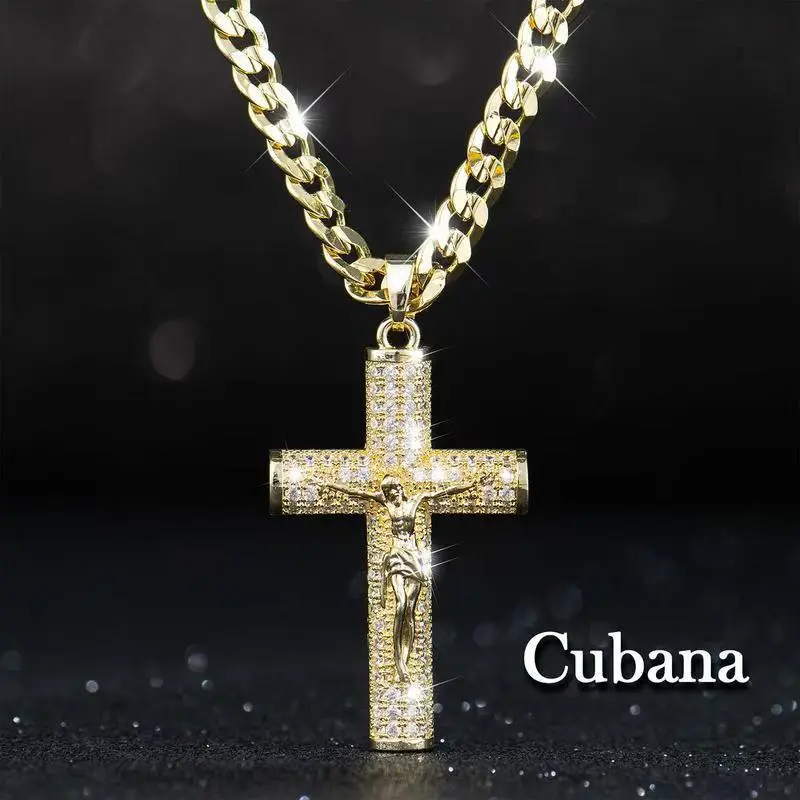 14K Real Gold Plated Cross Necklace for Men and Women, Advanced Nanotechnology Rust-oof Cuban Figaro Cord Miami Chain with Jesus Cross Pendant, 24 Inch Long, Christian Religious Jewelry Gift Birthday Gift, Christmas Gift, Halloween Gift