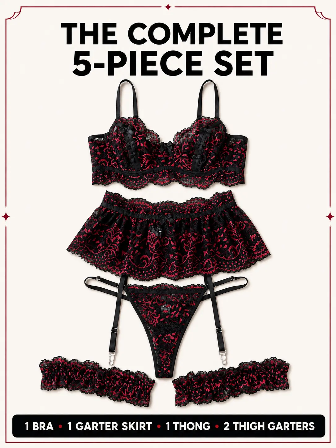 Plus Size Women’s Lace Babydoll Lingerie Set, 5 Piece Mesh Corset Bra with Garter Accessories for Date Night & Romantic Occasions Black Womenswear Cami