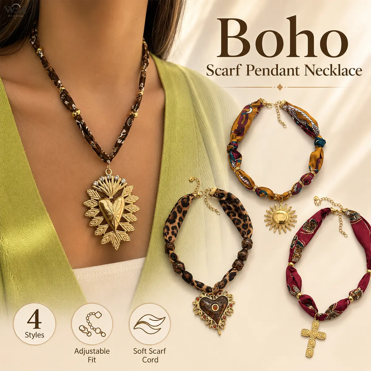 Women's Boho Scarf Necklace - Heart Sun Cross Sparkly Charm, Lightweight Comfortable Versatile Polyester Cord Indie Necklace, Meaningful Gifts for Daily Wear Special Occasion Costume Jewelry Accessory, Heart Charm Necklaces