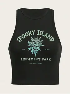 Women's Loose-Fit Casual Summer Top, Halloween Letter Print Round Neck Sleeveless Vest, Comfortable Moderate Fabric, Perfect for Daily Wear