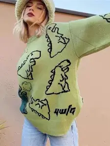 Women's Cartoon Dinosaur Pattern Drop Shoulder Sweater, Street Fashion Casual Long Sleeve Round Neck Jumper for Daily Wear, Women's Knitwear for Fall & Winter, Womenswear
