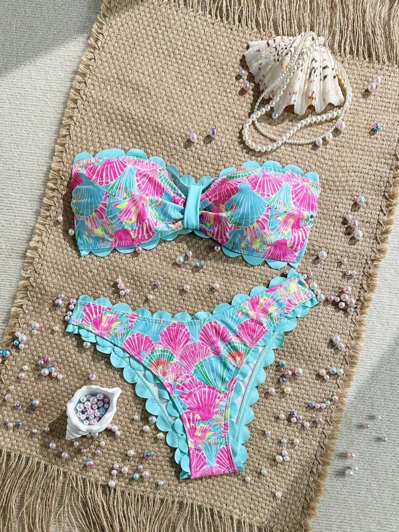 Blue Colorblock Scallop Edge Halter Bikini, Mermaid Style Sexy Triangle Cup Bikini, Beach Photography Fashion Beachwear Swimwear, Summer Beach Bikini