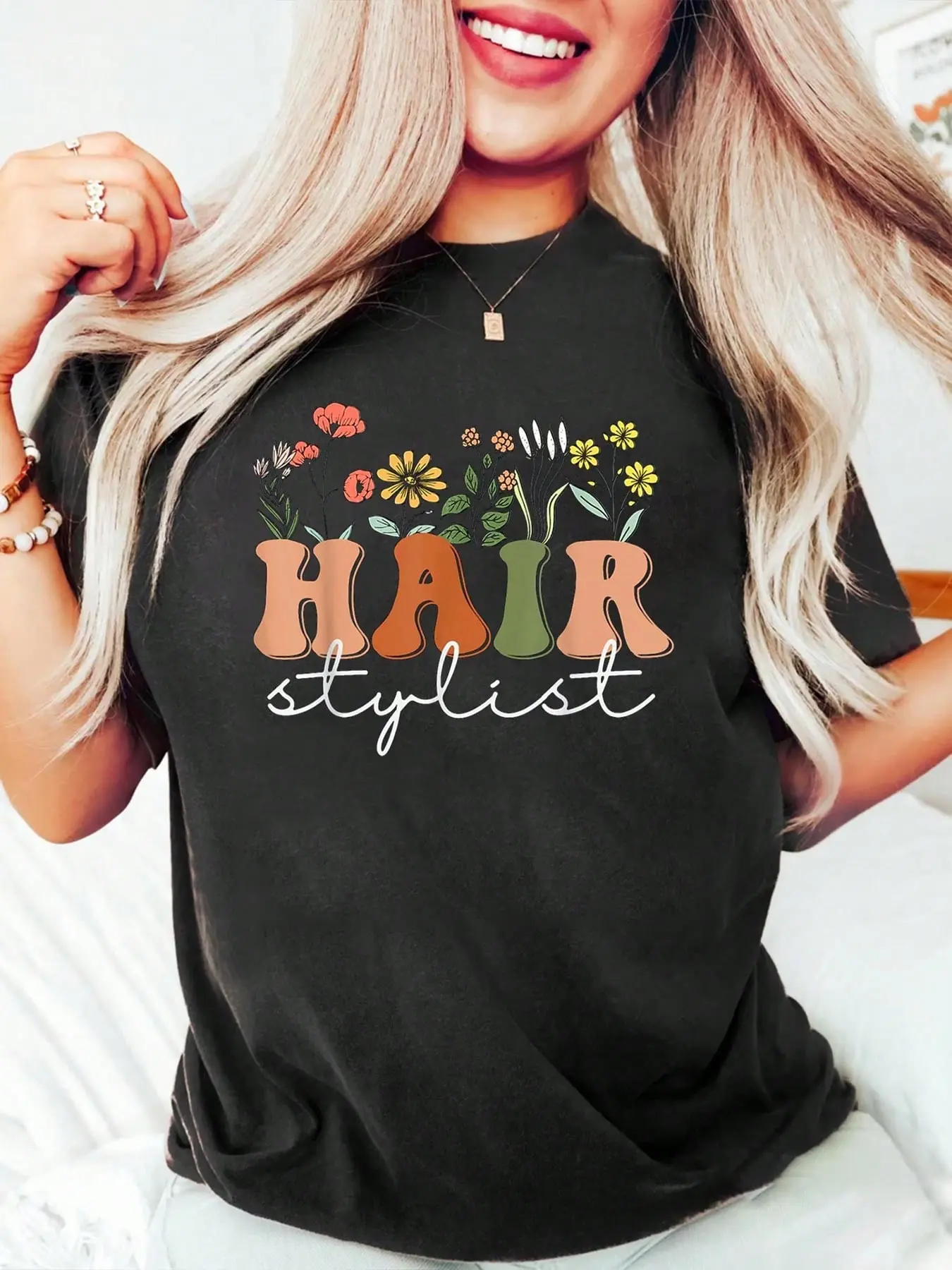 Hairstylist Hairapist Hairdresser Hair Stylist Wildflower women's shirts T-Shirt Cotton Graphic Tee For Women, Round Neck Short Sleeve Casual Tops vintage graphic tees