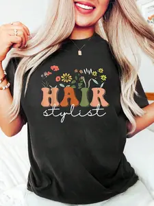 Hairstylist Hairapist Hairdresser Hair Stylist Wildflower women's shirts T-Shirt Cotton Graphic Tee For Women, Round Neck Short Sleeve Casual Tops vintage graphic tees