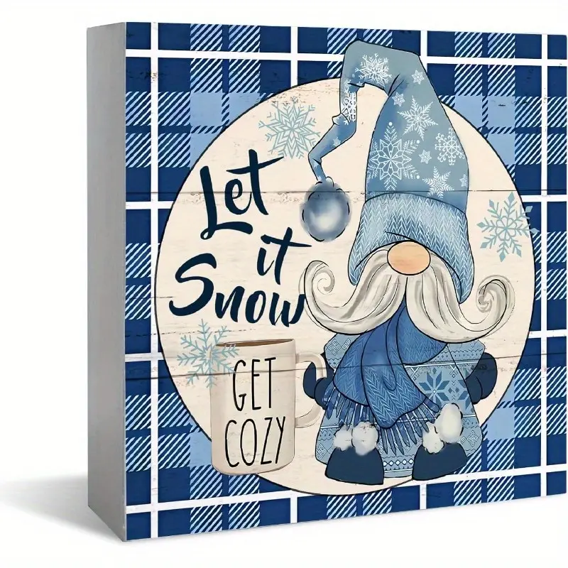 Christmas Halloween Decoration Gifts，Blue Gnome Wooden Box Sign Desk Decor, Let it Snow Get Cozy, Christmas Gnomes Decorations for Home, Buffalo Plaid Christmas Decor 5x5 Inch