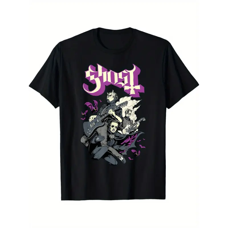 Men's Graphic Menswear Tee - Soft Combed Cotton Short-Sleeve Casual Top, Ghost & Bat Print, USA-Made Lightweight Fabric for Tropical Weather, Sweat-Resistant