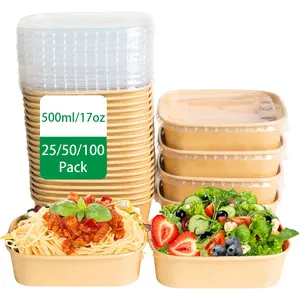 17Oz/500Ml 25/50/100 Pack Paper Bowls with Lids, Food Containers, Disposable Soup Serving Bowls Bulk, Lunch Box, Salad Dessert Meal Prep Bowls, Party Supplies, Disposable Dinnerware for Hot/Cold Food, Soup, Food Packaging