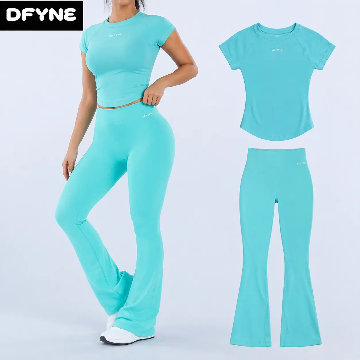 DFYNE Wide Leg Flare Yoga Pants & Tee Set • Three-Tier Band High Waist Gym Trousers • 2-Piece Sculpting Activewear Suit
