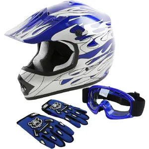 Youth Motocross Offroad Street Dirt Bike Helmet Youth Motorcycle ATV Helmet with Goggles Gloves Blue Flame S