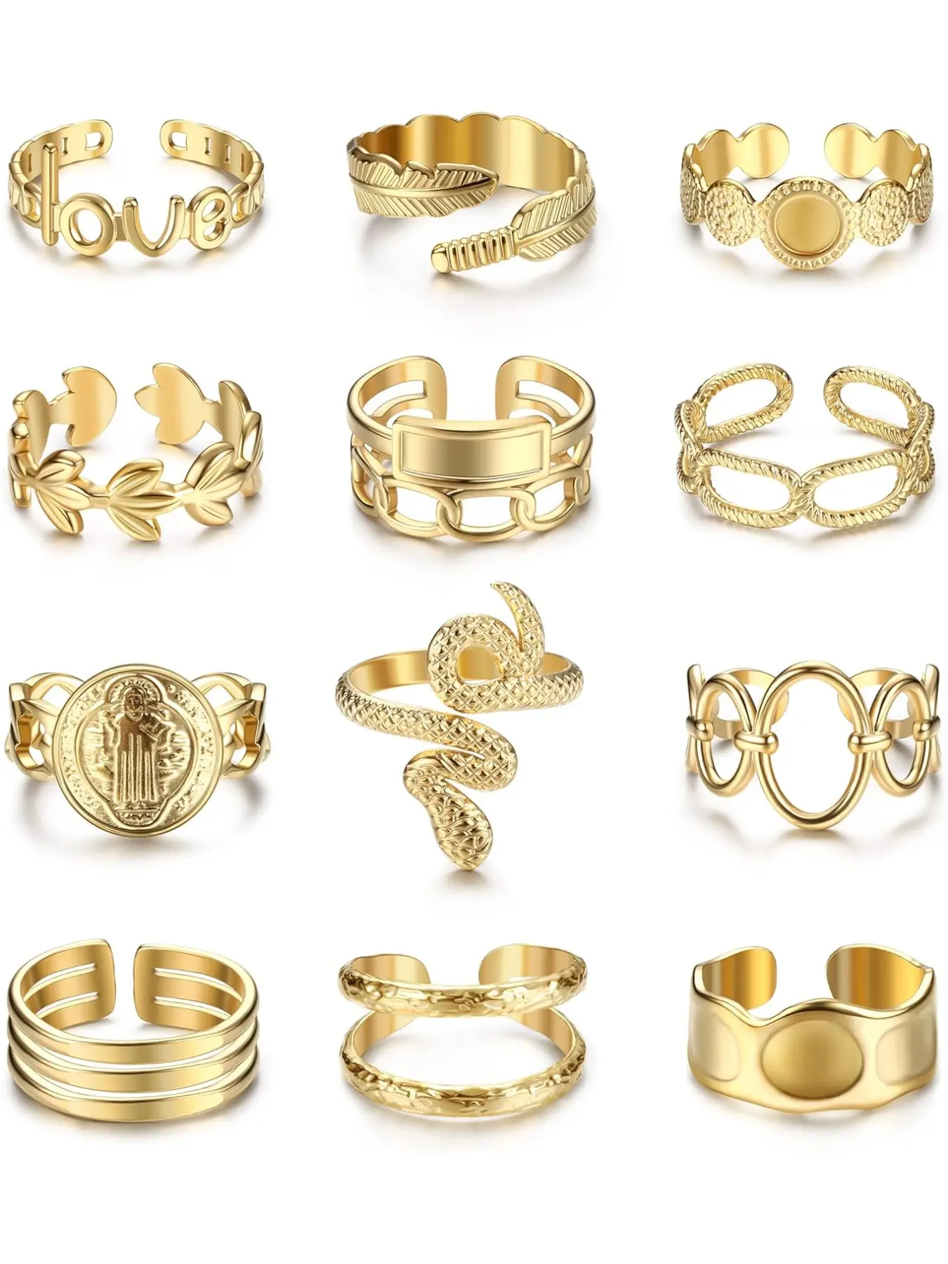 12Pcs Rings for Women Stainless Steel Stackable Rings Boho Signet Snake Ring Adjustable Open Ring Chunky Knuckle Rings Set Gold Fashion Rings